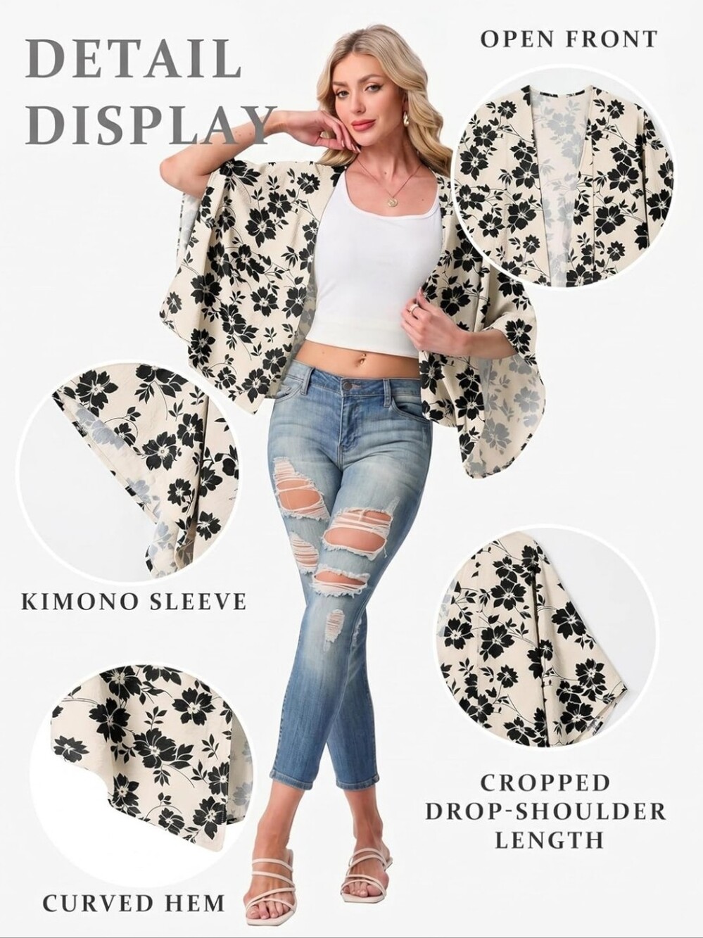 Floral Open-Front Kimono Cardigan - Cream/Black - Picture 3 of 4